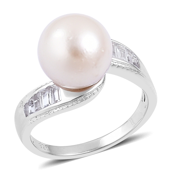 South Sea White Pearl and White Topaz Solitaire Ring in Rhodium Plated Silver
