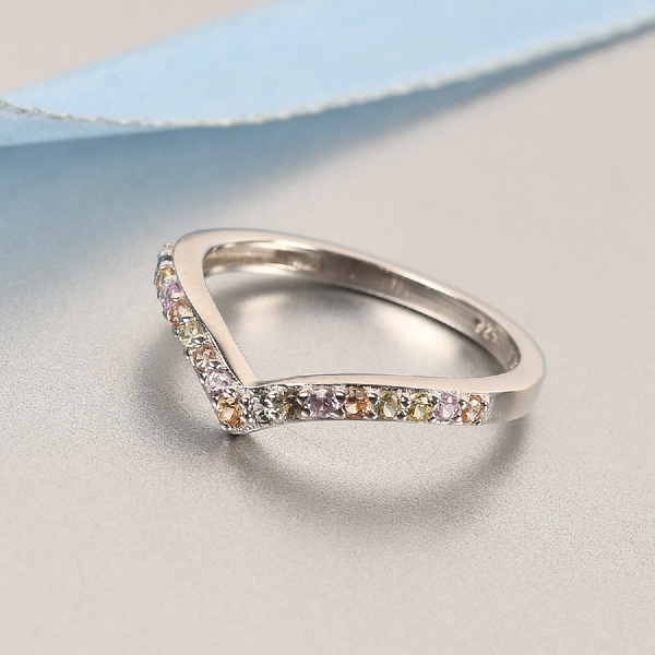 Rainbow Sapphire Wishbone Ring in Platinum Overlay Sterling Silver