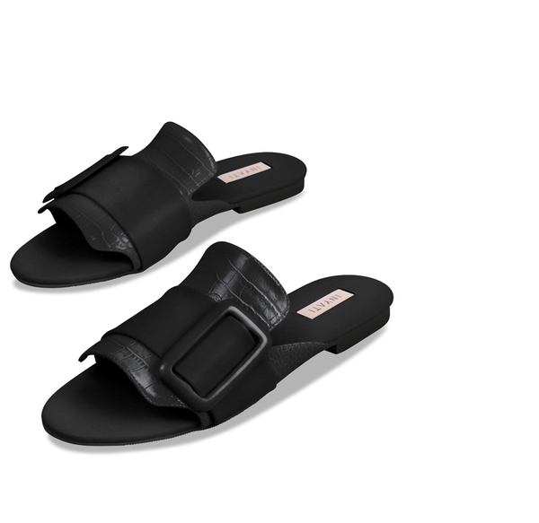 Inyati - NATALIE Black Croc Finish Sandals with Statement Buckle (Size 4)