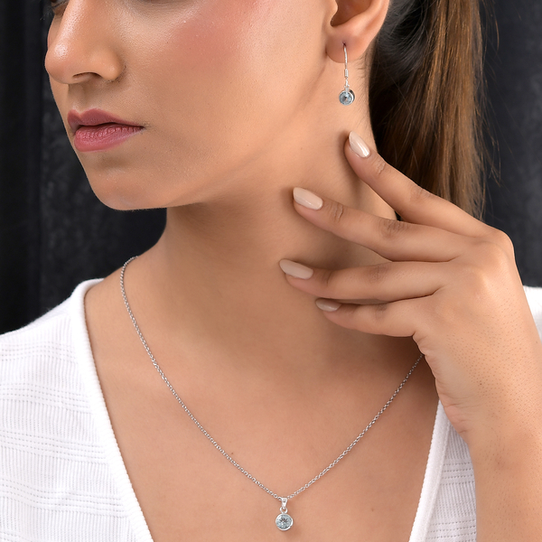 2 Piece Set - Aquamarine Pendant and Hook Earrings in Platinum Overlay Sterling Silver Stainless Steel Chain (Size 20), Silver Wt 5.46 Gms