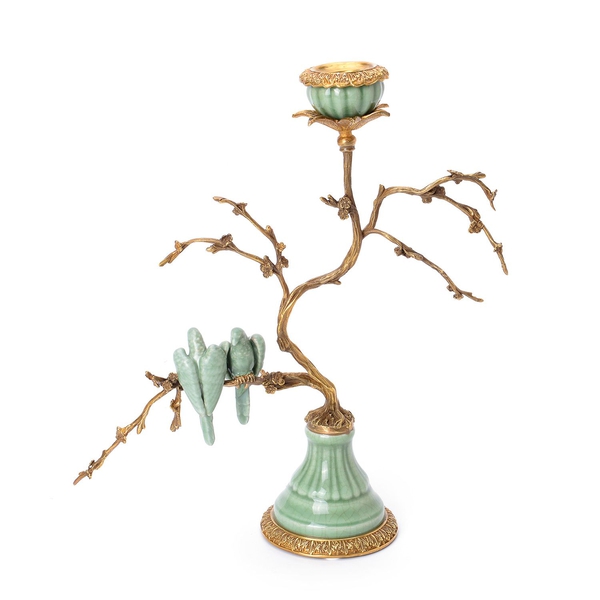Hand Made Museum Collection - Bronze Tree Candelabrum with Handmade Green Parrots (Size 25x17 Cm)