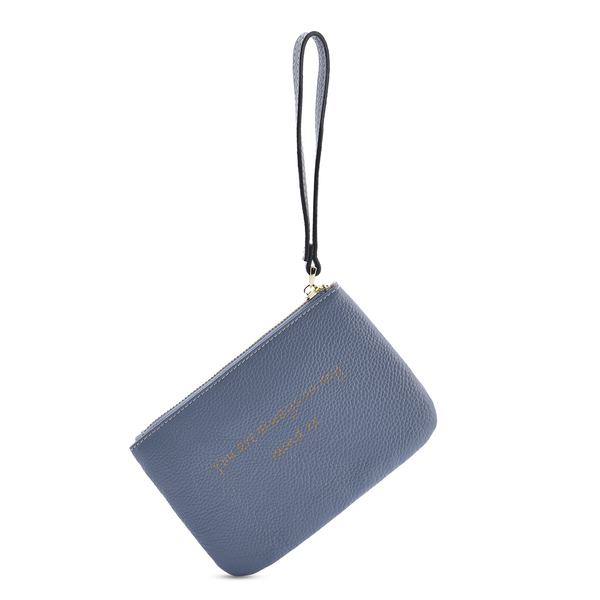 100% Genuine Leather Alphabet T RFID Protected Wristlet with Engraved Message on Back Side (Size 18x12 Cm) - Pastel Blue