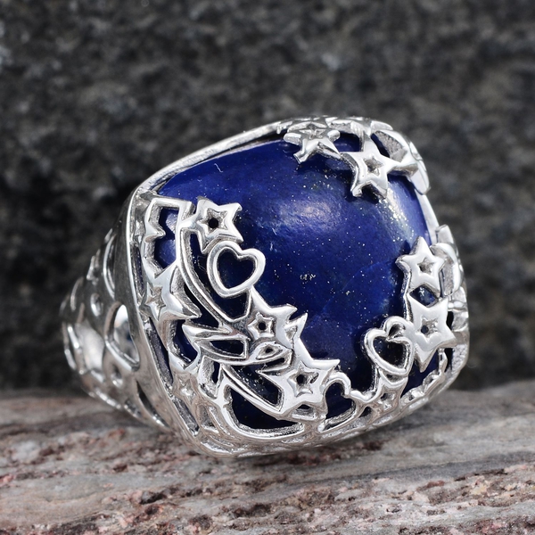 GP Lapis Lazuli (Cush 26.98 Ct), Kanchanaburi Blue Sapphire Ring in Platinum Overlay Sterling Silver 27.000 Ct.