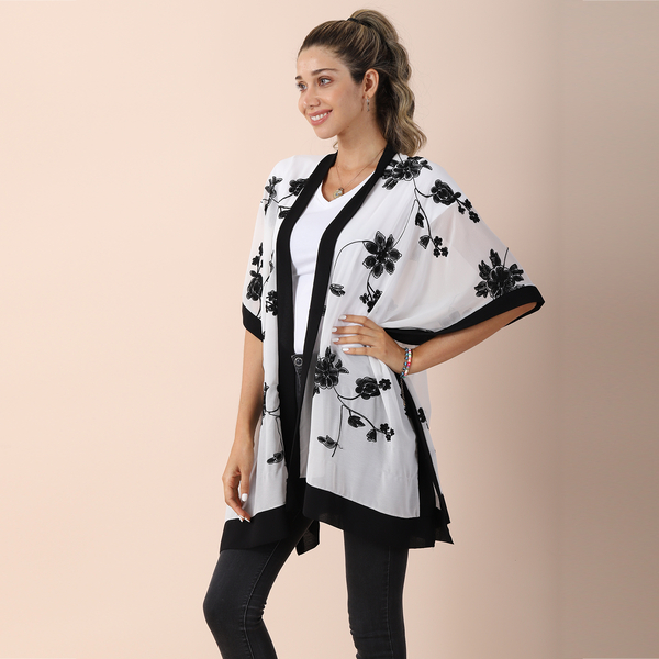 JOVIE Chiffon Floral Embroidery Kimono - White & Black