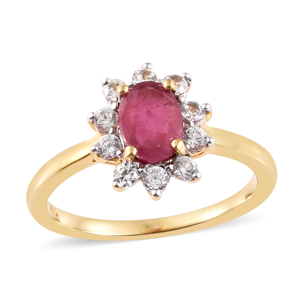 Designer Inspired- African Ruby (Ovl 1.25 Ct), Natural Cambodian White Zircon Floral Ring in 14K Gol