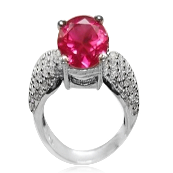 ELANZA AAA Simulated Ruby (Rnd), Simulated Diamond Ring in Rhodium Plated Sterling Silver