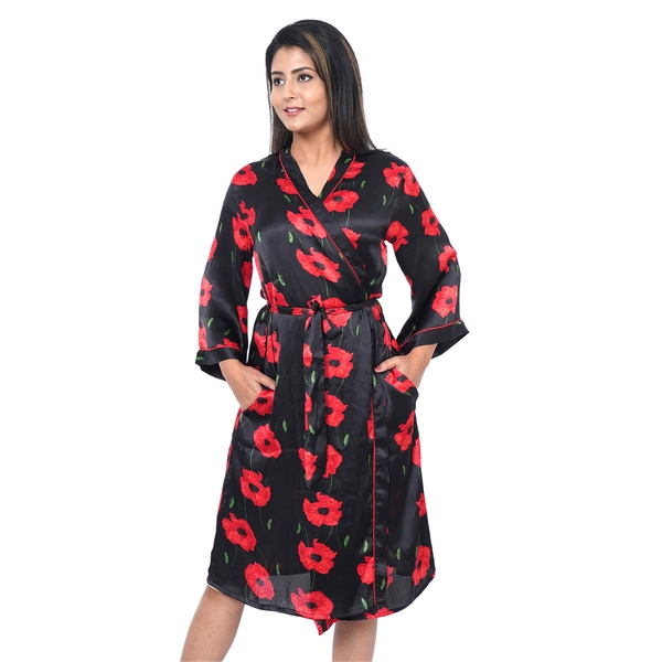 Floral Printed Satin Robe with Bell Sleeve (Size L 16-18 ), Length: 110cm) - Black