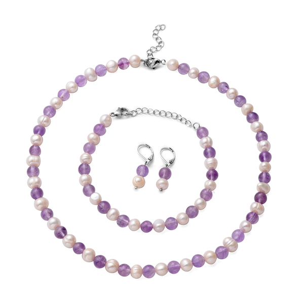 3 Piece Set - White Freshwater Pearl and Amethyst Necklace(Size 18 With 2 Inch Extender), Bracelet S