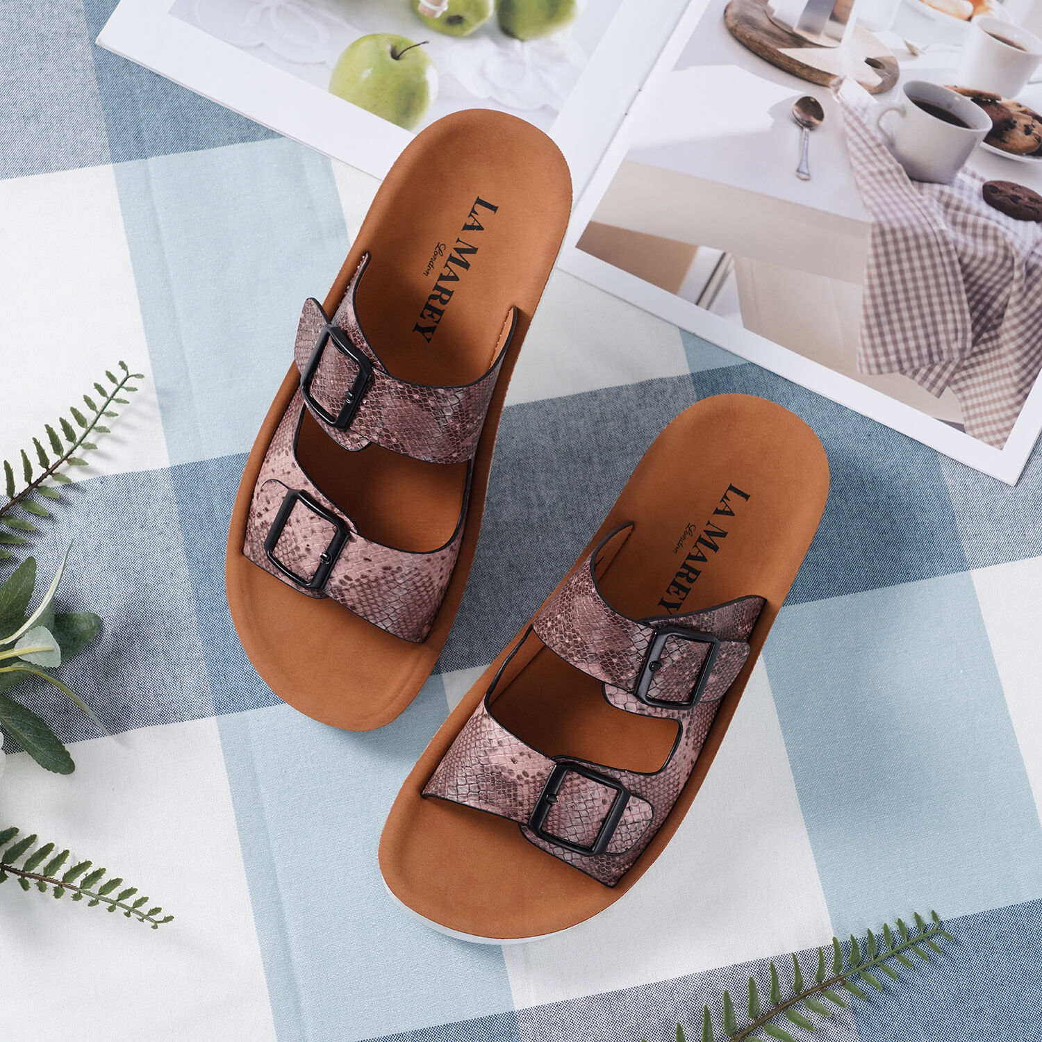 LA MAREY Snake Skin Pattern Two Strap Slip on Sandal - Pink