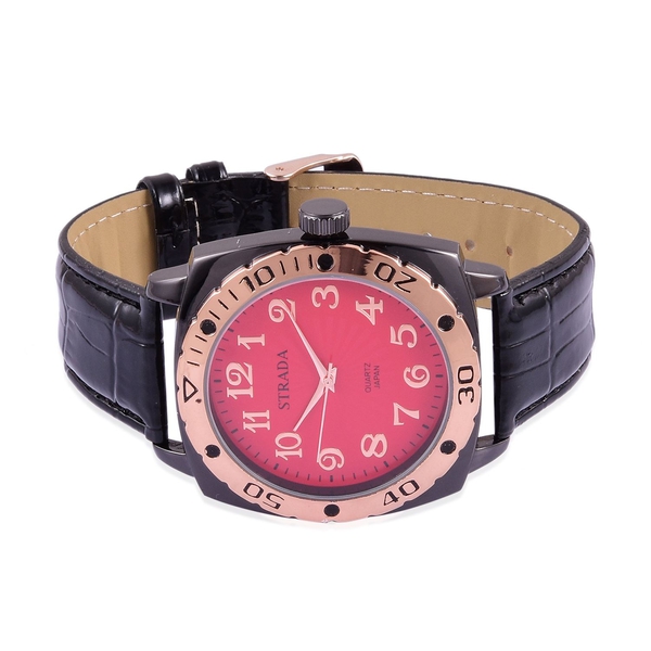 STRADA Japanese Movement Red and Rose Gold Colour Dial Water Resistant Watch in Black Tone with Stainless Steel Back and Black Strap