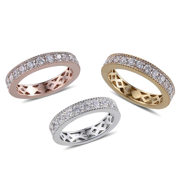 Set of 3 - Simulated Diamond (Rnd) Full Eternity Ring in 14K Gold, Rose Gold and Platinum Overlay St