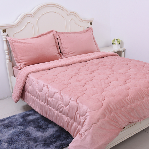 Serenity Night - 4 Piece Sherpa Comforter Set - Dusky Pink Comforter (220x225cm), Fitted Sheet (140x