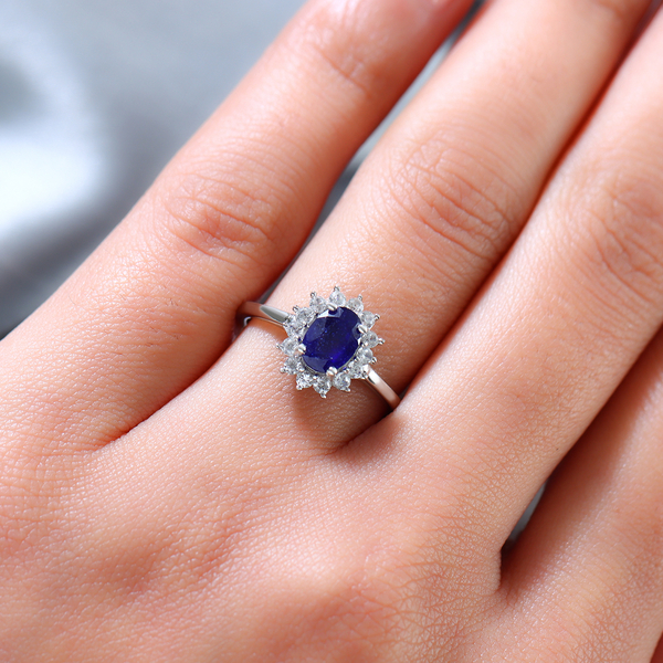 Fissure Filled Blue Sapphire (FF) and Natural Cambodian Zircon Ring in Platinum Overlay Sterling Silver