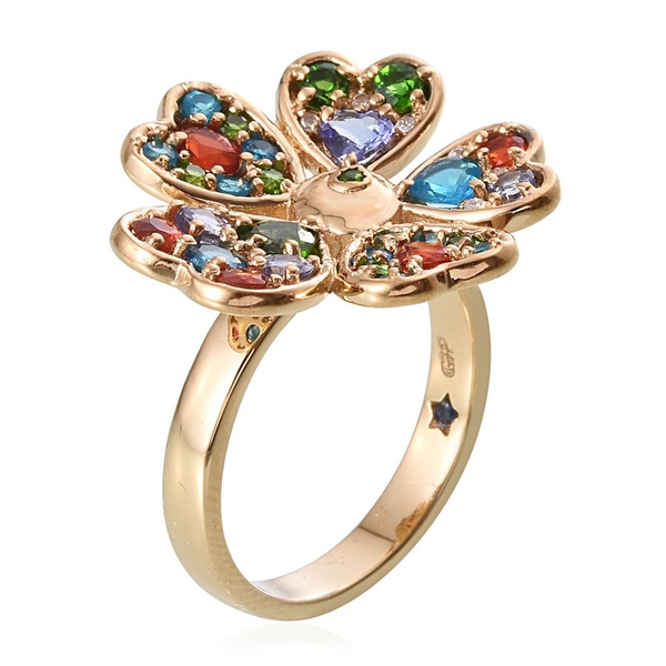 GP Chrome Diopside (Hrt), Tanzanite, Malgache Neon Apatite, Jalisco Fire Opal, Kanchanaburi Blue Sapphire and Natural Cambodian Zircon Floral Ring in 14K Gold Overlay Sterling Silver 2.450 Ct.