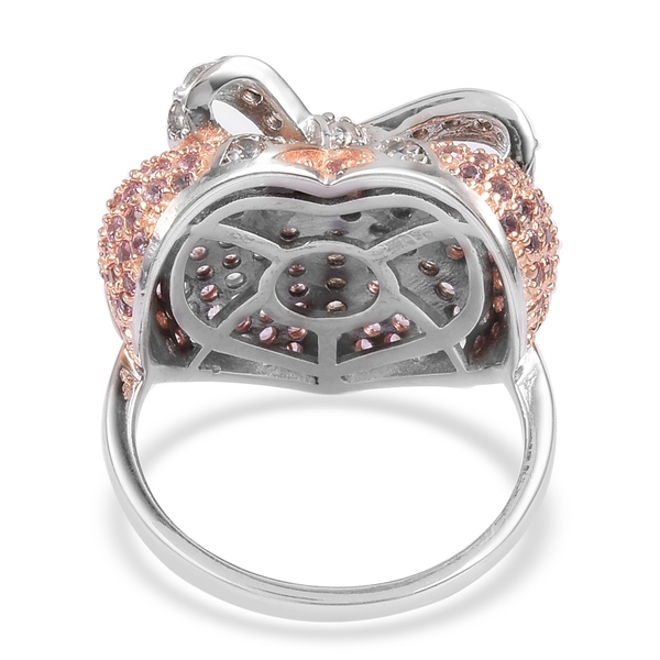 Designer Inspired - Ilakaka Pink Sapphire (Rnd), Natural White Cambodian Zircon Bowknot Tied Heart Ring in Rhodium and Rose Gold Overlay Sterling Silver 2.200 Ct. Silver wt 5.16 Gms.No.of Stone 184