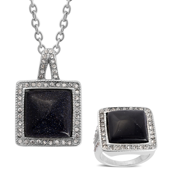 Blue Goldstone and White Austrian Crystal Ring and Pendant With Chain (Size 20) in Stainless Steel