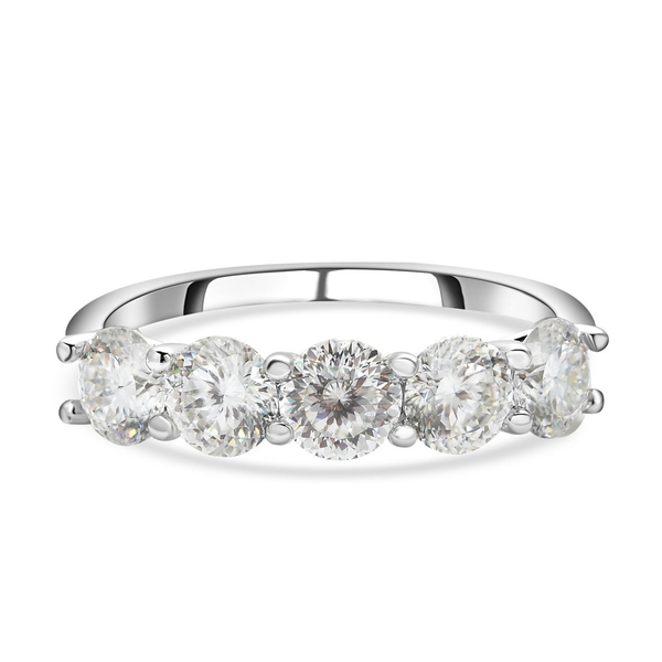 Moissanite 5 Stone Ring in Rhodium  Overlay Sterling Silver 2.25 Ct.