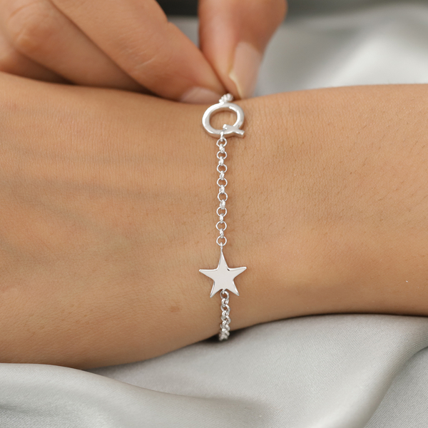 Personalised Single Alphabet + Star, Name Bracelet  in Silver, Size - 7.5 Inch