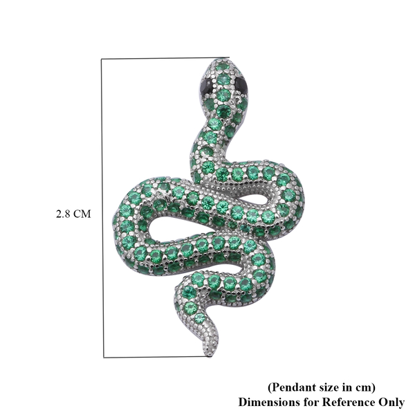 ELANZA Serpent Collection- Simulated Peridot and Simulated Black Spinel Serpent Pendant in Rhodium Overlay Sterling Silver