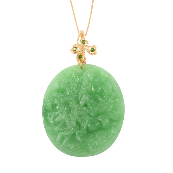 Carved Green Jade and Chrome Diopside Pendant with Chain (Size 18) in Yellow Gold Overlay Sterling S