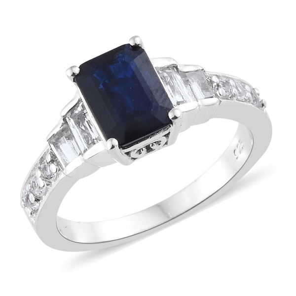 2 Carat Blue Spinel and Topaz Solitaire Ring in Platinum Plated Silver
