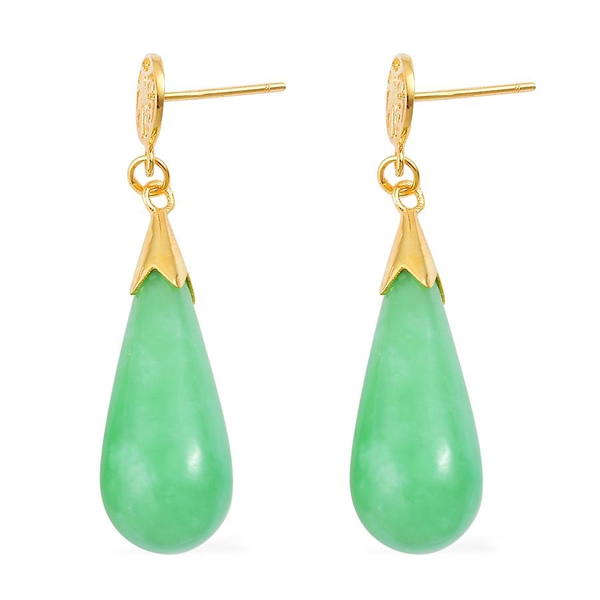 Green Jade Chinese Character FU (Happiness) Drop Earrings (with Push Back) in Yellow Gold Overlay Sterling Silver 25.400 Ct.