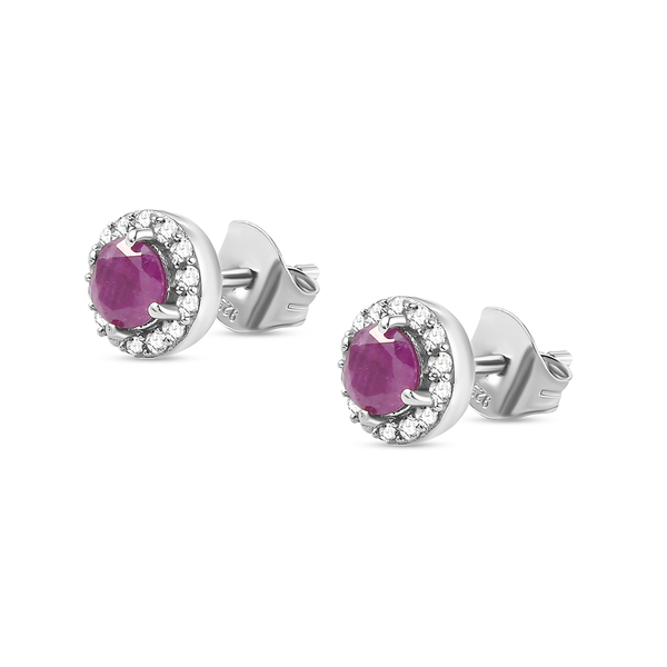 Natural Moroccan Ruby and Natural Cambodian Zircon Stud Earrings (With Push Back) in Platinum Overlay Sterling Silver 1.33 Ct.