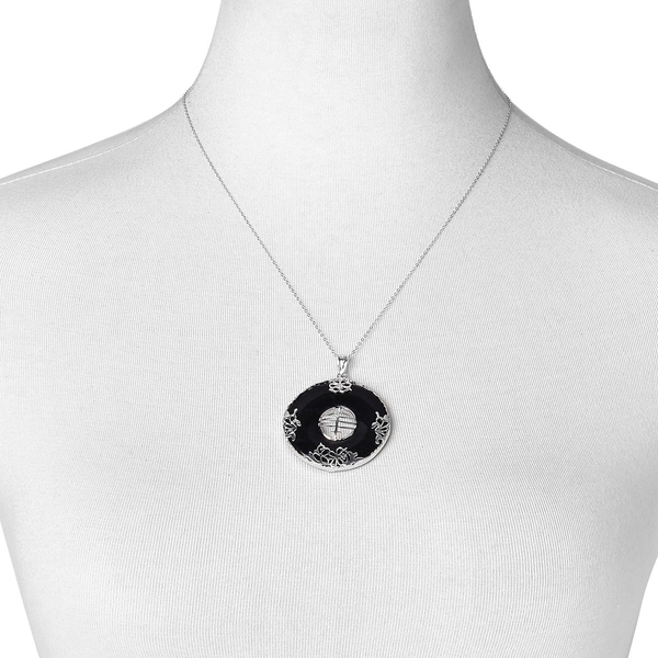 Black Jade Chinese Character FENG (Abundance) Pendant With Chain in Rhodium Plated Sterling Silver 63.000 Ct.