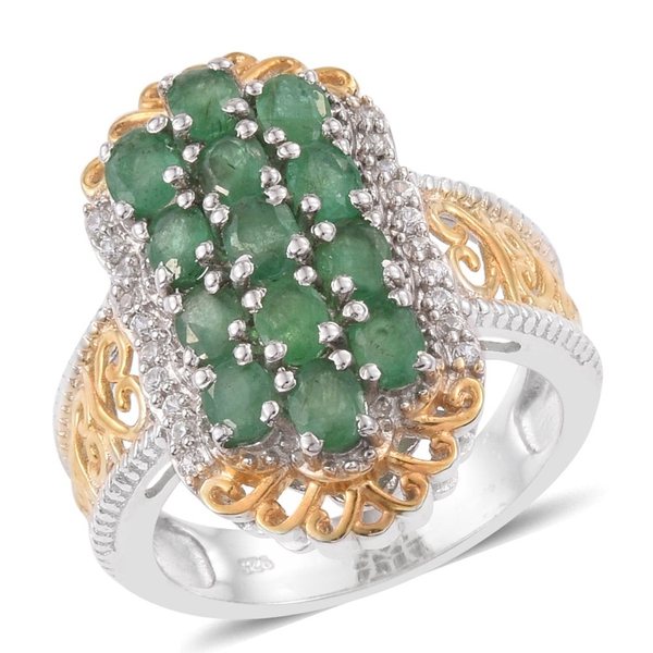 Kagem Zambian Emerald (Ovl), Natural Cambodian Zircon Ring in Platinum and Yellow Gold Overlay Sterl
