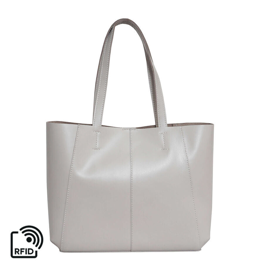 ASSOTS LONDON 2 Piece Set - ADELA Genuine Smooth Leather Tote Bag (31x9.5x26.5cm) & Matching RFID FANN Cardholder (10x8cm) - Ice Grey