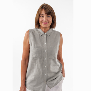 TAMSY Linen Sleeveless Button Through Shirt with Patch Pockets (Size 14) - Grey