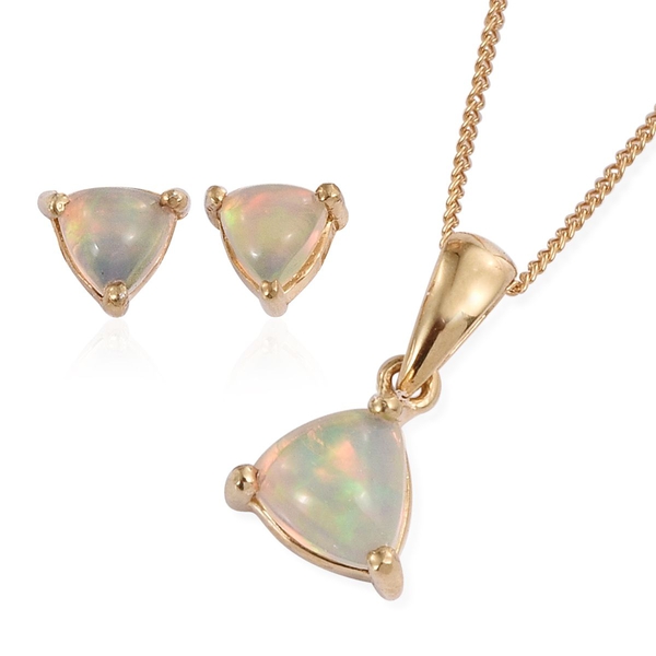 Ethiopian Welo Opal (Trl) Pendant With Chain and Stud Earrings (with Push Back) in 14K Gold Overlay 