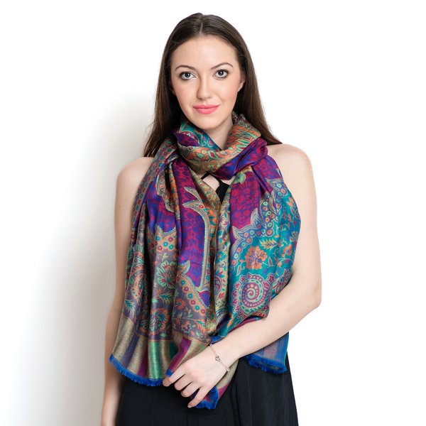 100% Superfine Modal Purple, Green and Multi Colour Floral and Paisley Pattern Jacquard Scarf (Size 