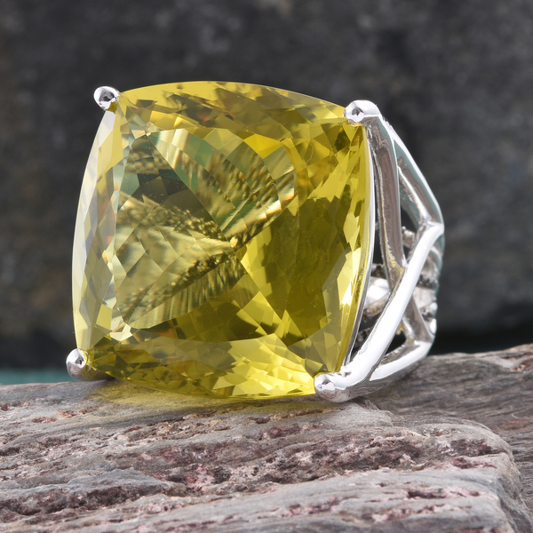 Natural Green Gold Quartz (Cush), Black Diamond Ring in Platinum Overlay Sterling Silver 70.500 Ct.