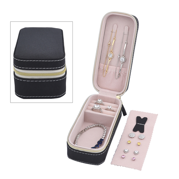 Portable Mini Travel Jewellery Box with Anti Tarnish Lining and Zipper Closure - Black