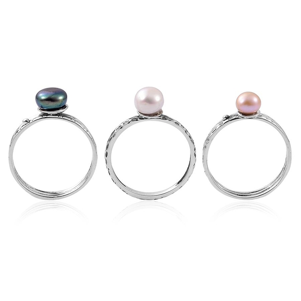 PEARL EXPRESSIONS Set of 3 - Fresh Water Peacock, Peach and White Pearl Ring in Sterling Silver