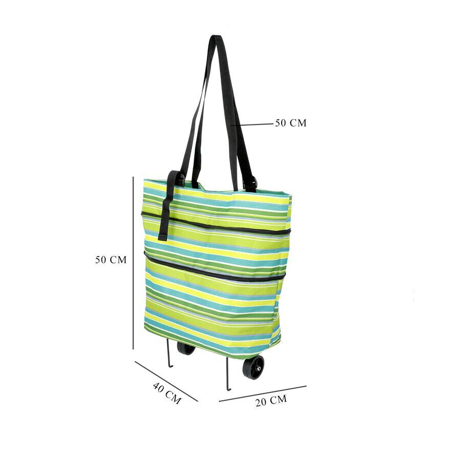 Reusable and Foldable Two Way Shopping Bag with Wheels (Size 50x20x40 Cm) - Green and Multi