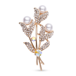 White AB Crystal, White Austrian Crystal and Simulated Pearl Leaf Vine Brooch in Yellow Gold Tone