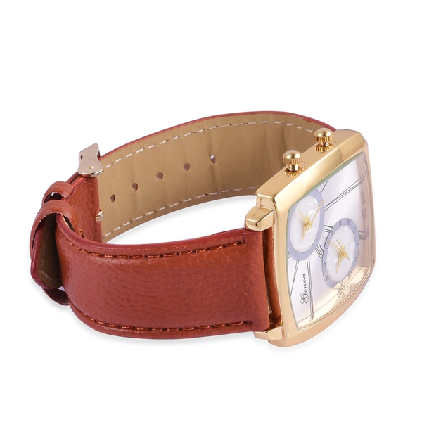 GENOA Japanese Movement Silver Dial Water Resistant Watch in Gold Tone with Stainless Steel Back and Brown Colour Strap
