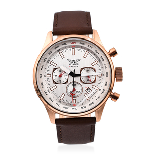 Closeout Deal - Aviator Mens White Dial Watch with Brown Leather Strap