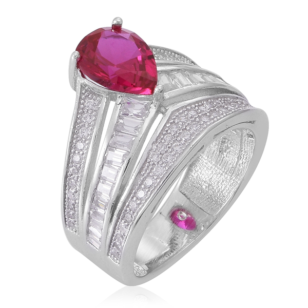 ELANZA AAA Simulated Pink Sapphire (Pear), Simulated White Diamond Ring in Rhodium Plated Sterling Silver