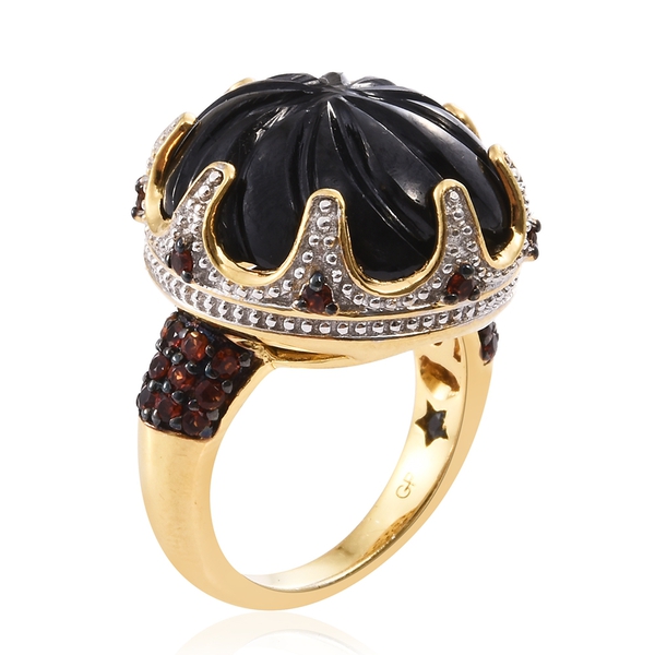 GP Boi Ploi Black Spinel (Rnd), Mozambique Garnet and Kanchanaburi Blue Sapphire Ring in 14K Gold Overlay Sterling Silver 30.500 Ct. Silver wt 6.50 Gms.