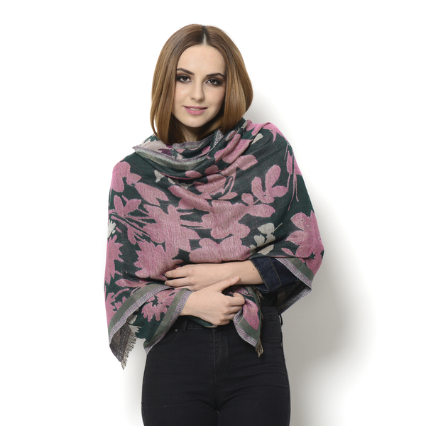 Pink and Multi Colour Flowers Pattern Green Colour Scarf (Size 180x65 Cm)