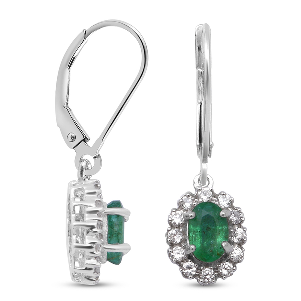 Kagem Zambian Emerald and Natural Cambodian Zircon Dangling Earrings (With Lever Back) in Rhodium Overlay Sterling Silver 1.02 Ct.