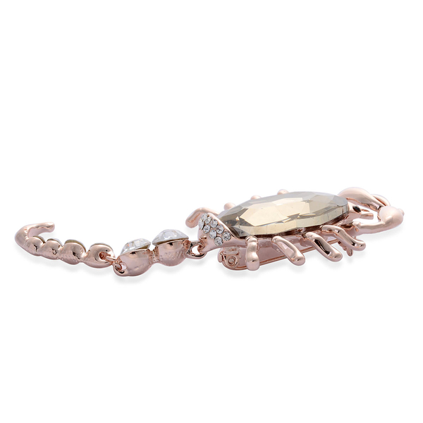 White and Champagne Colour Glass, Black and White Austrian Crystal Scorpion Brooch in Rose Gold Tone