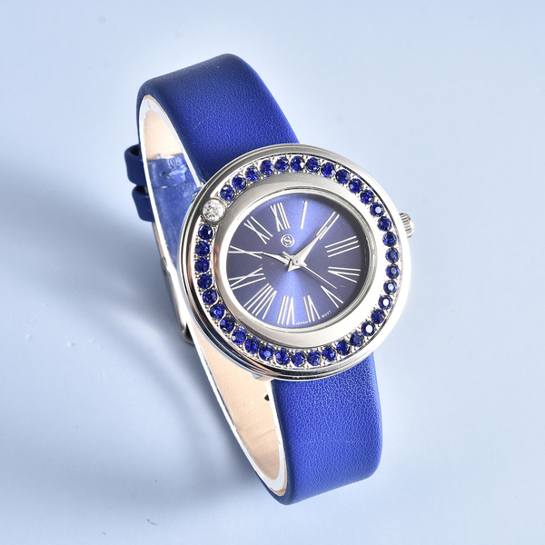 STRADA Japanese Movement White and Blue Austrian Crystal Studded Water Resistant Watch with Blue Strap