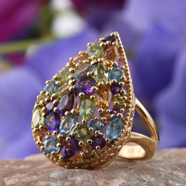 GP Hebei Peridot (Pear), Amethyst, Citrine, Electric Swiss Blue Topaz, Kanchanaburi Blue Sapphire and Multi Gem Stone Ring in 14K Gold Overlay Sterling Silver 3.850 Ct.
