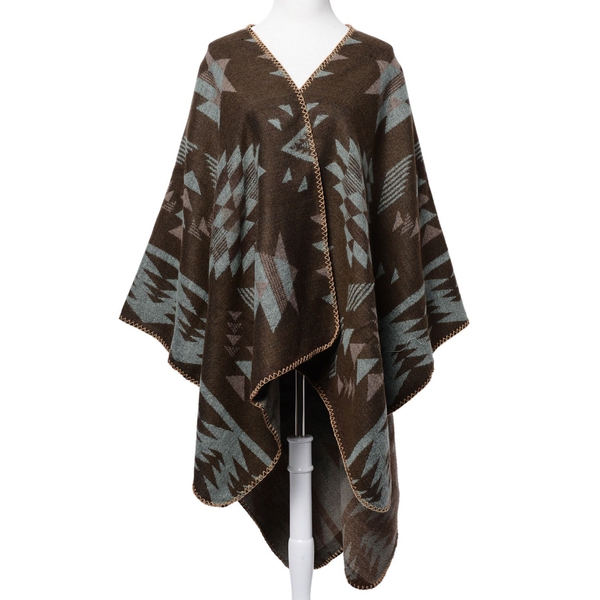 Designer Inspired Chocolate, Green and Pink Colour Geometric Pattern Over-Sized Poncho (Size 135x75 