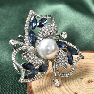 Simulated Blue Sapphire, White Austrian Crystal and Simulated Pearl Scarf Clasp in Silver Tone