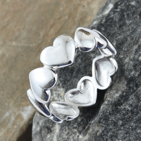 Designer Inspired-Platinum Overlay Sterling Silver Heart Band Ring, Silver wt 3.05 Gms.